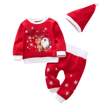 De navidad a los niños a establecer 1PC superior+1PC pantalones+1PC sombrero de Bebé Niño Niños Niñas de Navidad de Santa Leonado Impresión de Pijamas ropa de dormir Trajes Y4