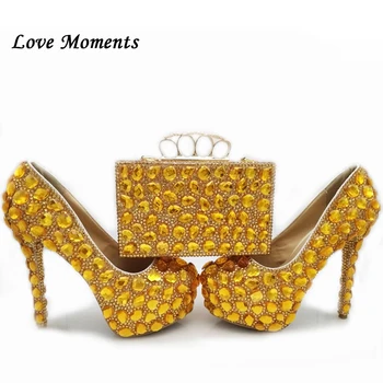 De oro de diamantes de imitación de la Mujer zapatos de la boda a juego con bolsos de mujer zapatos de tacón alto zapatos de plataforma de Cristal Bombas del Dedo del pie Redondo de la Moda de los Zapatos
