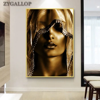 De oro de la Mujer Bajo el Turbante de Pintura al Óleo Lienzo de Oro Carteles y Grabados de Lujo Arte de Pared de Fotos para la Sala de estar quadro decorativo