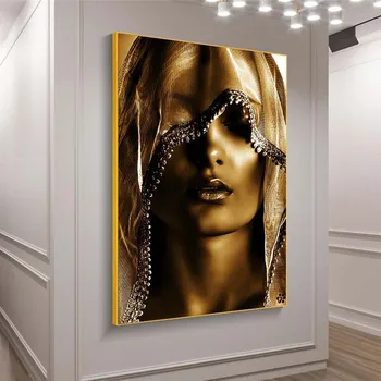 De oro de la Mujer Bajo el Turbante de Pintura al Óleo Lienzo de Oro Carteles y Grabados de Lujo Arte de Pared de Fotos para la Sala de estar quadro decorativo