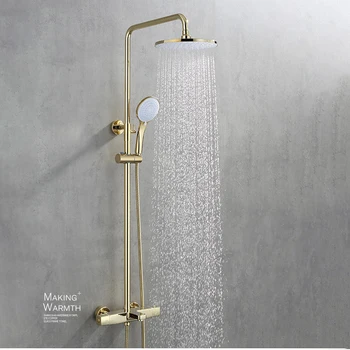 De oro termostático conjunto de ducha cascada, ducha de lluvia fría y caliente de oro grifo de la Ducha de Bañera termostático de ducha mezclador