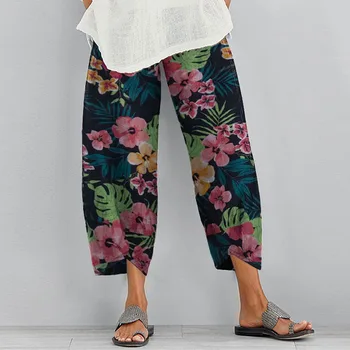 De verano, Pantalones Harem, ZANZEA Mujeres Vintage Floral Impreso Pantalones Casual Elástico de la Cintura de los Pantalones Largos Asimétricos Pantalon Talla Plus