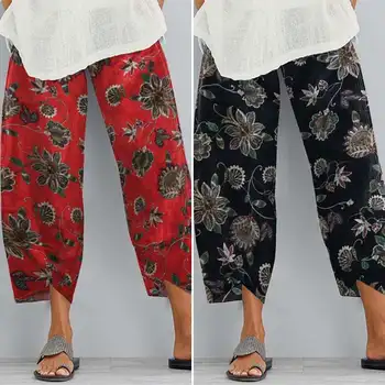 De verano, Pantalones Harem, ZANZEA Mujeres Vintage Floral Impreso Pantalones Casual Elástico de la Cintura de los Pantalones Largos Asimétricos Pantalon Talla Plus