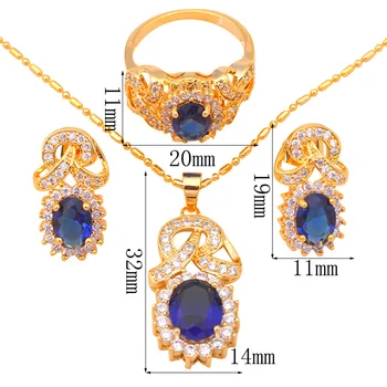 Delicado Tono Oro Pendiente del Collar de la Joyería Anillo de Establecer Zircon Austriaco de Cristal Azul Anillo Sz #8 #7 #9 JS431 6532