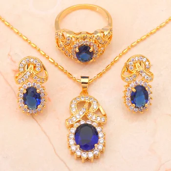 Delicado Tono Oro Pendiente del Collar de la Joyería Anillo de Establecer Zircon Austriaco de Cristal Azul Anillo Sz #8 #7 #9 JS431