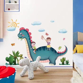 Dibujos animados de dinosaurios niños jugando etiqueta engomada de la pared creativos de los niños decoración de la habitación de dormitorio pegatinas infantiles auto-adhesivo de decoración para el hogar