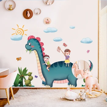 Dibujos animados de dinosaurios niños jugando etiqueta engomada de la pared creativos de los niños decoración de la habitación de dormitorio pegatinas infantiles auto-adhesivo de decoración para el hogar