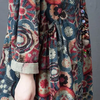 DIMANAF Más el Tamaño de Vestido de las Mujeres Ropa de la Vendimia de Indie Folk de Otoño de la Impresión Floral de Patchwork Femenino Retro Suelto Casual Bolsillos Vestidos