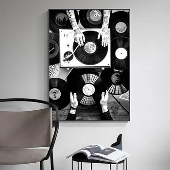 Discos de vinilo de la Pared de Arte de Pintura en tela, en Blanco y Negro de la Vendimia de la Música Posters y Impresiones de Imágenes de la Pared para la Sala de estar Decoración para el Hogar