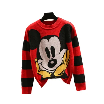 Disney mujer de dibujos animados de Mickey Mouse de otoño suéter de las mujeres pierden salvaje de jacquard de punto suéter de manga larga de cuello Redondo de la ropa
