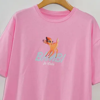 Disney T-Shirt De Moda De Nuevo Bambi Venado Floral De Impresión De Dibujos Animados Dulce De Las Mujeres T-Shirt O-Cuello De Manga Corta De Color Rosa De Algodón Camiseta Tops Mujer