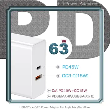 Doble Puerto 63W USB-C Cargador de Viaje PD 45W y QC3.0 18W de Carga Rápida Para Huawei p20/30 MacBook iPhone iPad Samsung s10+