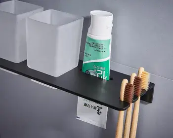 Doble titular de cepillo de dientes con Dientes Titular de Aluminio Negro Vaso y copa titular montado en la pared o de la Uña Libre de productos de baño