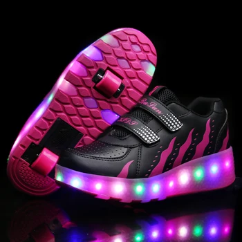 Dos Ruedas Luminoso Zapatillas Negro Rojo de Luz Led de Rodillos de Zapatillas de Skate para niños de los Niños Led Zapatos Niños Niñas Zapatos de la Luz Hasta Unisex