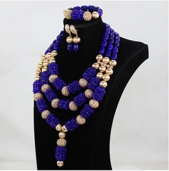 Dubai Oro de la Joyería Nupcial Conjunto Nuevo de color Azul Real de la Boda Africana de Perlas de la Joyería Conjunto Azul con Cuentas de Cristal Colgante de Collar de la Conjunto de ABH776