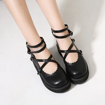 Dulce Japonés Lolita Princesa De Los Zapatos De Vendaje Lindo Moño Bajo El Talón De Cabeza Redonda Negra Plana Zapatos De Plataforma