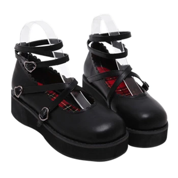 Dulce Japonés Lolita Princesa De Los Zapatos De Vendaje Lindo Moño Bajo El Talón De Cabeza Redonda Negra Plana Zapatos De Plataforma