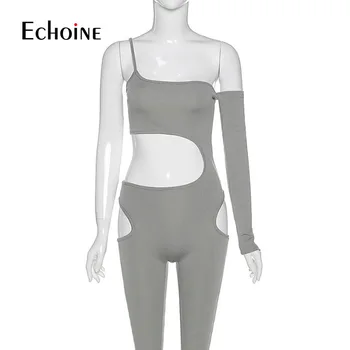 Echoine 2020 sexy hueco de la aptitud de las mujeres traje de un hombro sólido elástico activewear slim deportivo streetwear peleles trajes