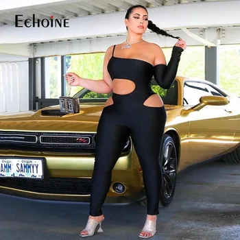 Echoine 2020 sexy hueco de la aptitud de las mujeres traje de un hombro sólido elástico activewear slim deportivo streetwear peleles trajes