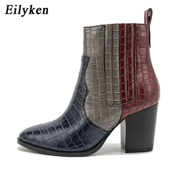 EilyKen Nuevos Colores Mezclados de Serpiente de grano de Tobillo Botas Mujer Plaza de los Tacones de los Zapatos de cordones de Cuero de la Pu Tacones Gruesos Chelsea Botas de las Mujeres