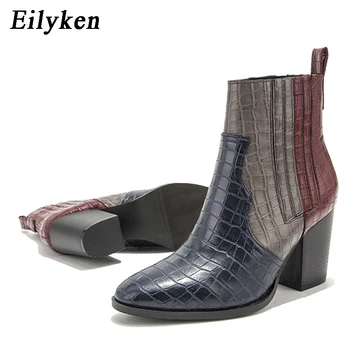 EilyKen Nuevos Colores Mezclados de Serpiente de grano de Tobillo Botas Mujer Plaza de los Tacones de los Zapatos de cordones de Cuero de la Pu Tacones Gruesos Chelsea Botas de las Mujeres