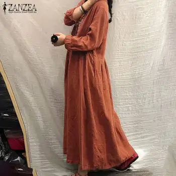 El Bordado elegante Vestido Maxi de las Mujeres del Otoño Vestido ZANZEA 2021 Casual de Manga Larga Vestidos Retro Femenino Botón Túnica Más el Tamaño