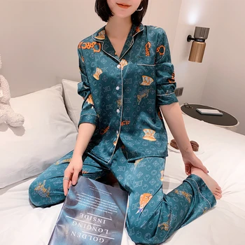 El Hielo De Seda Del Pijama Conjuntos De Impresión De Dibujos Animados De Satén De Las Mujeres Ropa De Dormir De La Primavera De Manga Larga Pijama 2 Piezas Casual Ropa De Hogar Pijamas Loungewear