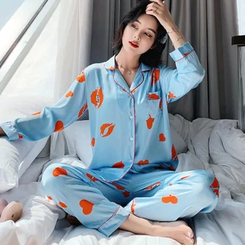 El Hielo De Seda Del Pijama Conjuntos De Impresión De Dibujos Animados De Satén De Las Mujeres Ropa De Dormir De La Primavera De Manga Larga Pijama 2 Piezas Casual Ropa De Hogar Pijamas Loungewear