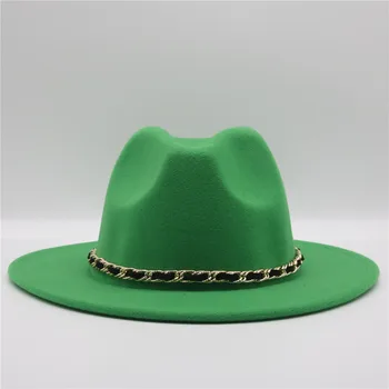 El invierno de las mujeres gorras de la cadena de la correa fascinador de ala ancha sólido jazz tapas de las mujeres sombrero fedora blanco verde panamá formal de la iglesia sombrero de fieltro hombres