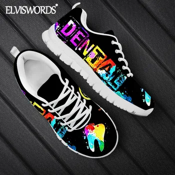 ELVISWORDS arco iris Dental Patrón de las Mujeres Transpirable Deporte Zapatilla de deporte 2020 Otoño Cómodos Zapatos Planos Casuales Correr Calzado