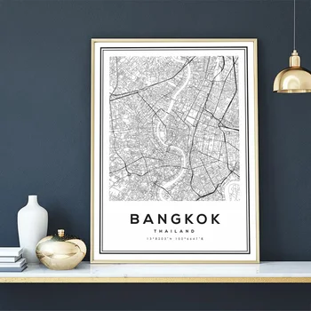 En Blanco y negro Bangkok Mapa Nórdicos Tailandia Mapa de la Ciudad de Arte de Pared con Fotografías Impresas Carteles y Grabados para la Sala de estar Decoración para el Hogar