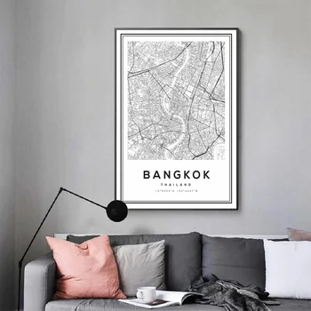 En Blanco y negro Bangkok Mapa Nórdicos Tailandia Mapa de la Ciudad de Arte de Pared con Fotografías Impresas Carteles y Grabados para la Sala de estar Decoración para el Hogar
