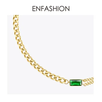 ENFASHION Piedra Verde Eslabón de la Cadena Gargantilla Collar de las Mujeres del Color del Oro de Vidrio de Acero Inoxidable Colgante de Collares de la Joyería de la Moda P3116