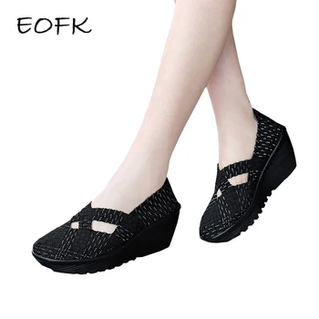 EOFK de las Nuevas Mujeres de la Plataforma de Tejido de Zapatos hechos a Mano Slip-Ons Casual de Nylon Cuñas de Zapatos de Mujer Calzado Femenino