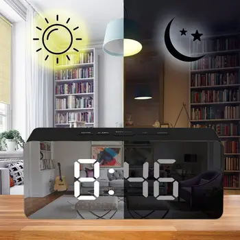 Espejo del Led de Alarma del Reloj Digital de Repetición de alarma Reloj de Mesa Con Termómetro USB Recargable Grande de la Visualización Electrónica Multifunción
