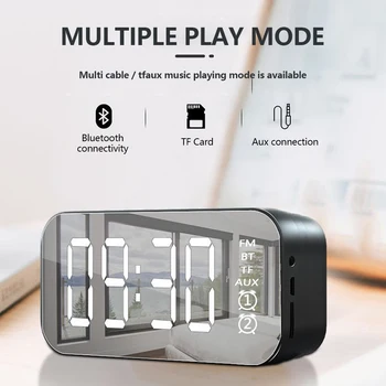 Espejo Reloj despertador LED Reloj Digital Inalámbrico Bluetooth Altavoz Reproductor de Música Snooze Relojes de Mesa Con la Radio de FM Mini Tarjeta del TF