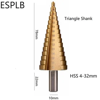 ESPLB HSS 4-32 mm Broca de Metal de Acero Paso con Forma de Pagoda Triángulo Hexágono Vástago de Taladro Cono de la Broca de Titanio Conjunto de Bits