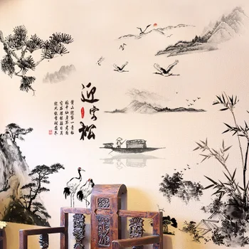 Estilo chino de la Pared de la etiqueta Engomada de la Pintura de Paisaje Croquis de Bienvenida de Pino de TV de Fondo las Imágenes de la Pared de la Sala de la Decoración de la Decoración de la Habitación
