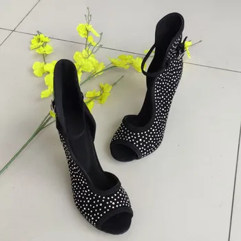 Evkoodance Práctica de la Danza de las Mujeres Botas de Negro Nubuck de diamantes de imitación latina de la Salsa, Salón de Baile latino Zapatos Botas de 8.5 cm, Altura del Talón