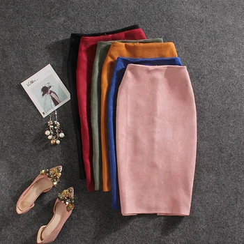 Falda Midi de otoño de la mitad de la longitud de la espalda de división de la bolsa de cadera falda de gamuza de color sólido profesional lápiz de un paso de la falda caliente falda lápiz