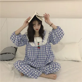 Fdfklak coreana de las nuevas mujeres del conjunto de pijama de manga larga a cuadros ropa de hogar ropa de damas dormir pijama dulce de algodón de la muchacha conjuntos de pijamas