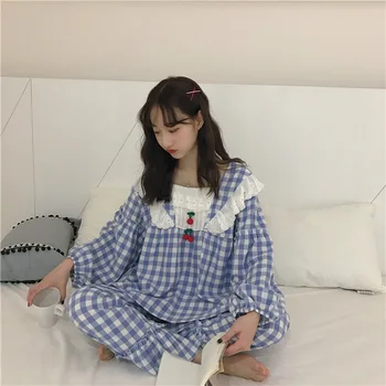 Fdfklak coreana de las nuevas mujeres del conjunto de pijama de manga larga a cuadros ropa de hogar ropa de damas dormir pijama dulce de algodón de la muchacha conjuntos de pijamas