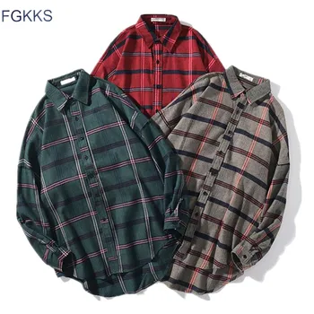 FGKKS Primavera de Nuevos Productos para Hombres Camisas a Cuadros de Moda Casual Hombres de Turn-Down Collar Camisas de Manga Larga, Masculino Cómoda Camiseta Tops