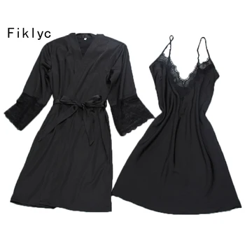 Fiklyc marca sexy mujer de la túnica & vestido de conjuntos de twinest albornoz + mini de noche vestido de dos piezas de ropa de dormir de las mujeres de dormir de seda de imitación 40168
