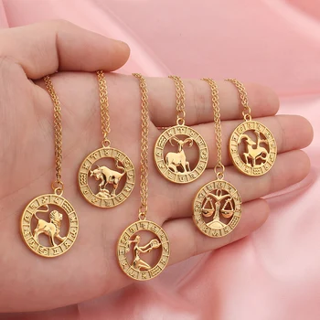FINE4U N556 12 Horóscopo Signo del Zodiaco de Oro Colgante Collar de Acero Inoxidable de 12 Constelaciones del Collar para las Mujeres Regalos de Cumpleaños