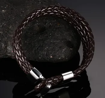 FNL LK4 brazalete de acero inoxidable venta caliente popular pulsera de hombre de acero único de cuero marrón material de la pulsera 18cm