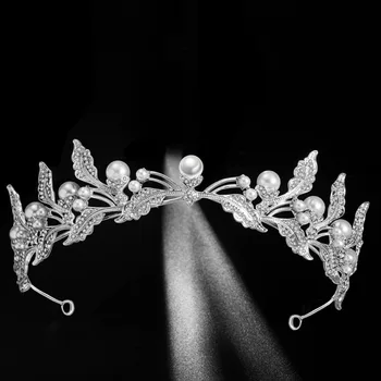 FORSEVEN hecho a Mano de la Perla de la Aleación de la Corona de Hojas de Forma Diadema de Novia Diademas de Novia de Lujo de diamantes de imitación Tiara de Cabello en Mujeres Accesorio LB