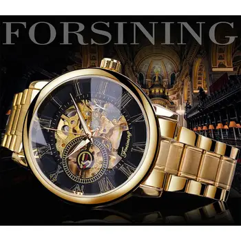 Forsining Nuevo Oro Esqueleto Reloj Mecánico Viento De Mano Para Hombre Correa De Acero Inoxidable Reloj De Pulsera De Los Deportes Militar Del Ejército Del Reloj