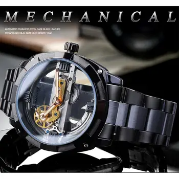 Forsining Steampunk Negro Reloj Mecánico Automático De Los Hombres Esqueleto Transparente Engranaje De La Vendimia Negocio Del Deporte De Los Cinturones De Acero Reloj De Pulsera