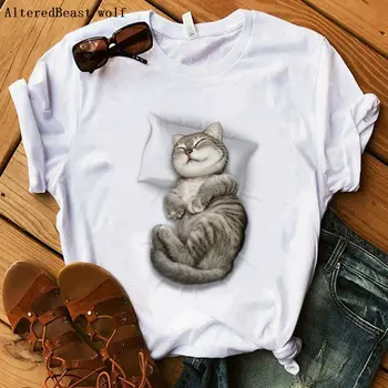 Gato durmiendo en mi bolsillo imprimir las Mujeres T-Shirts de dibujos animados casual divertido gato camiseta de mujer casual harajuku blanco tops ropa de moda
